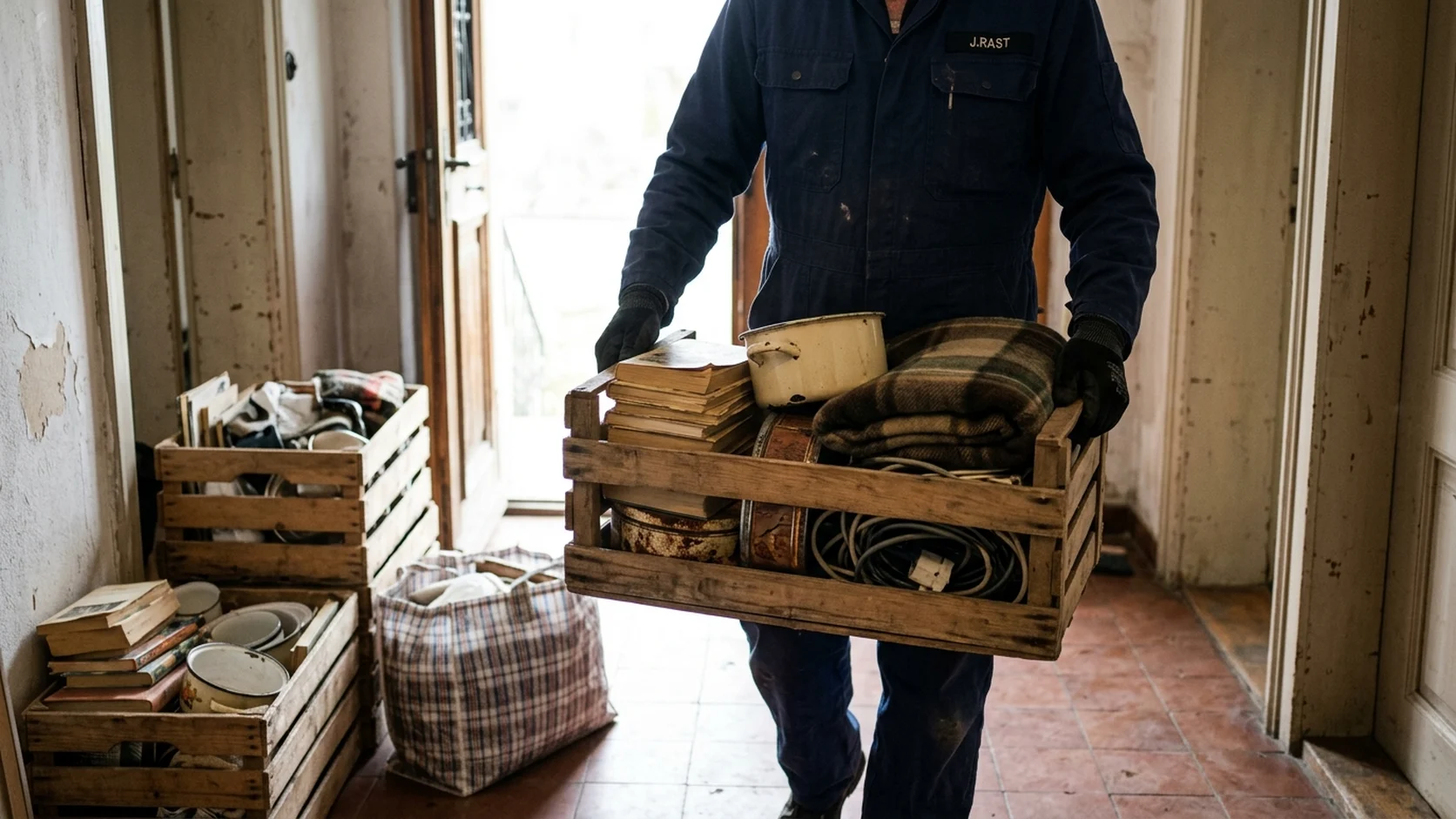 Hausrat wird in einer gebrauchten Holzharasse aus der Wohnung getragen