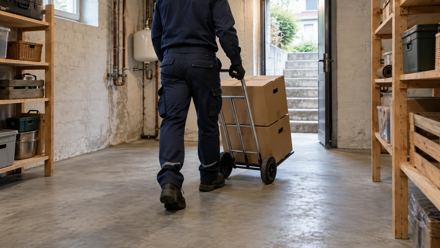 Kartons werden mit einer Sackkarre aus einem Keller geräumt