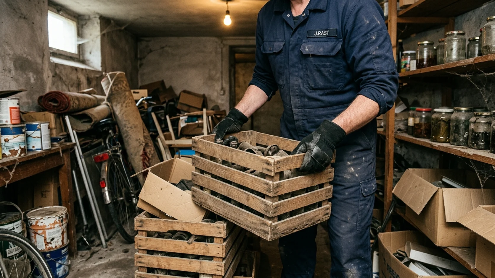 Voller Keller mit altem Hausrat und Holzharassen wird geräumt