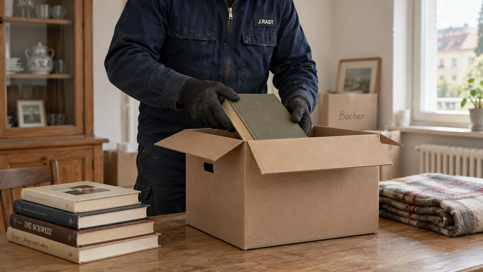 Bücher aus einem Nachlass werden sorgfältig in einen Karton gepackt