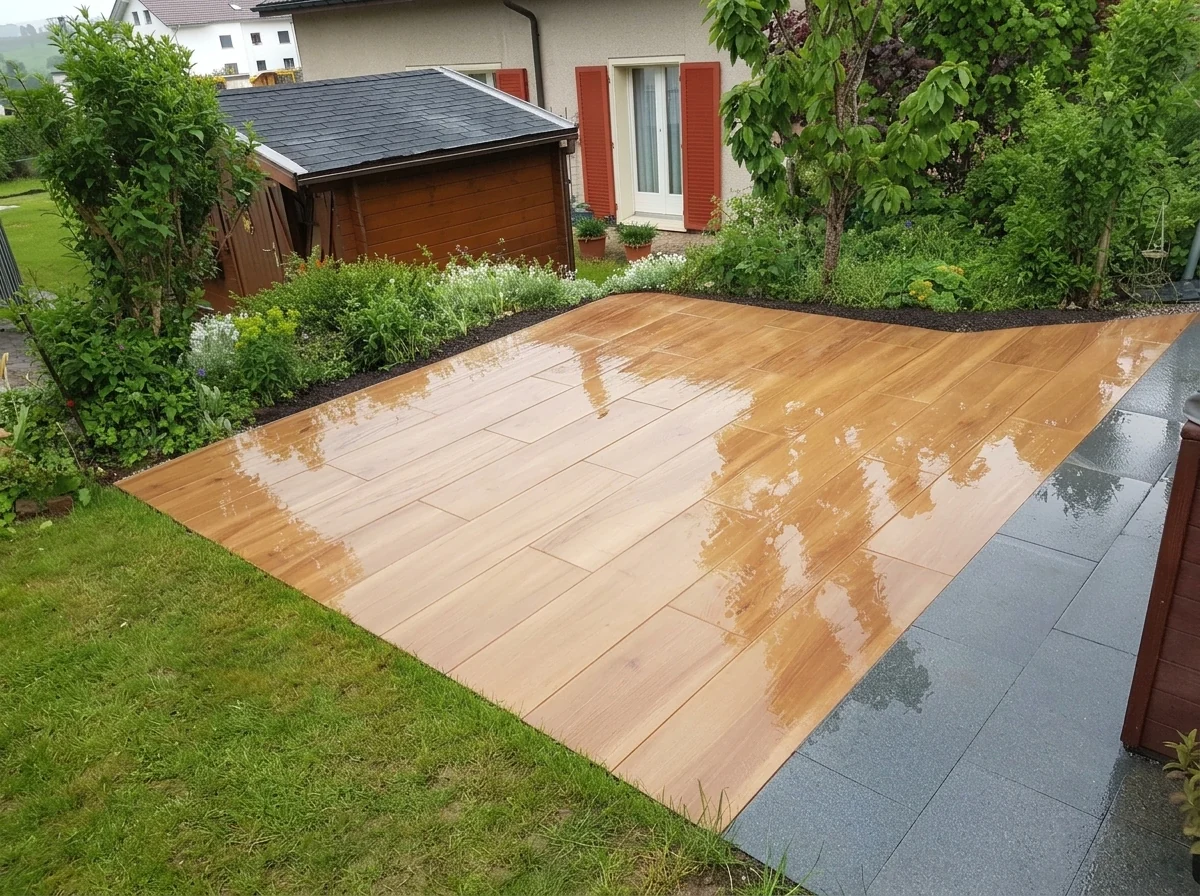 Sitzplatz aus versetzt verlegten Keramikplatten in Holzoptik, mit Anschluss an graue Granitplatten.