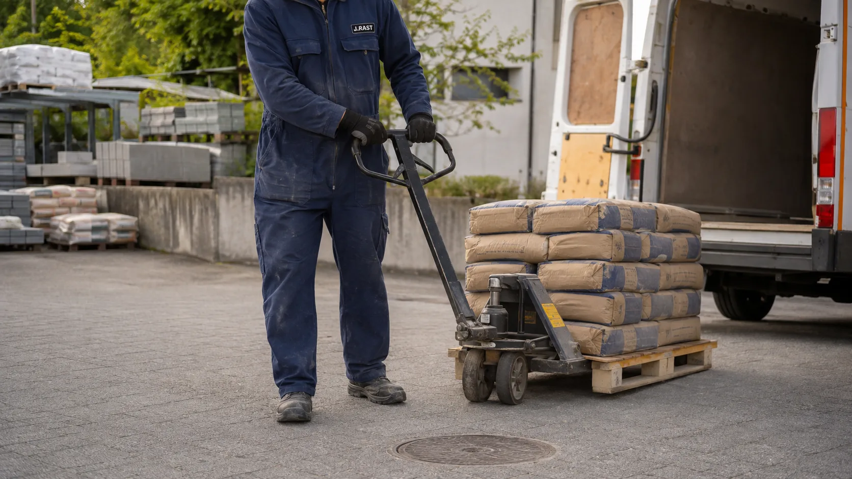 Paletten mit Baumaterial werden verladen