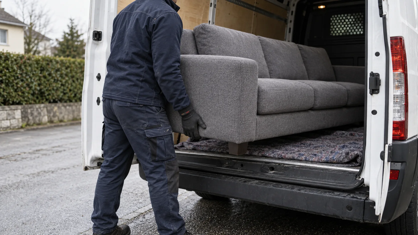 Ein Sofa wird in einen Lieferwagen geladen